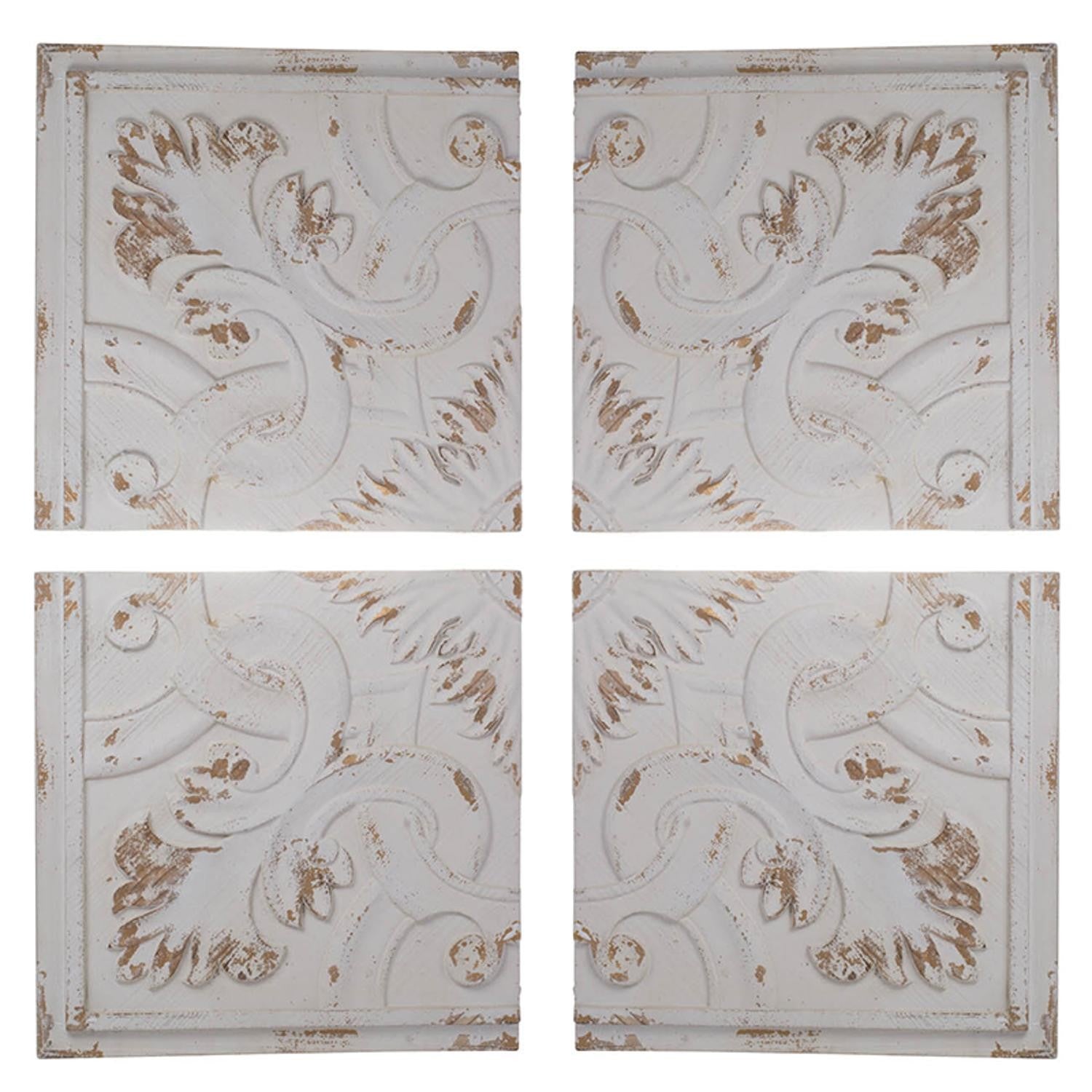 Set of 4 Whitewashed Arabesque Carved Wall Art