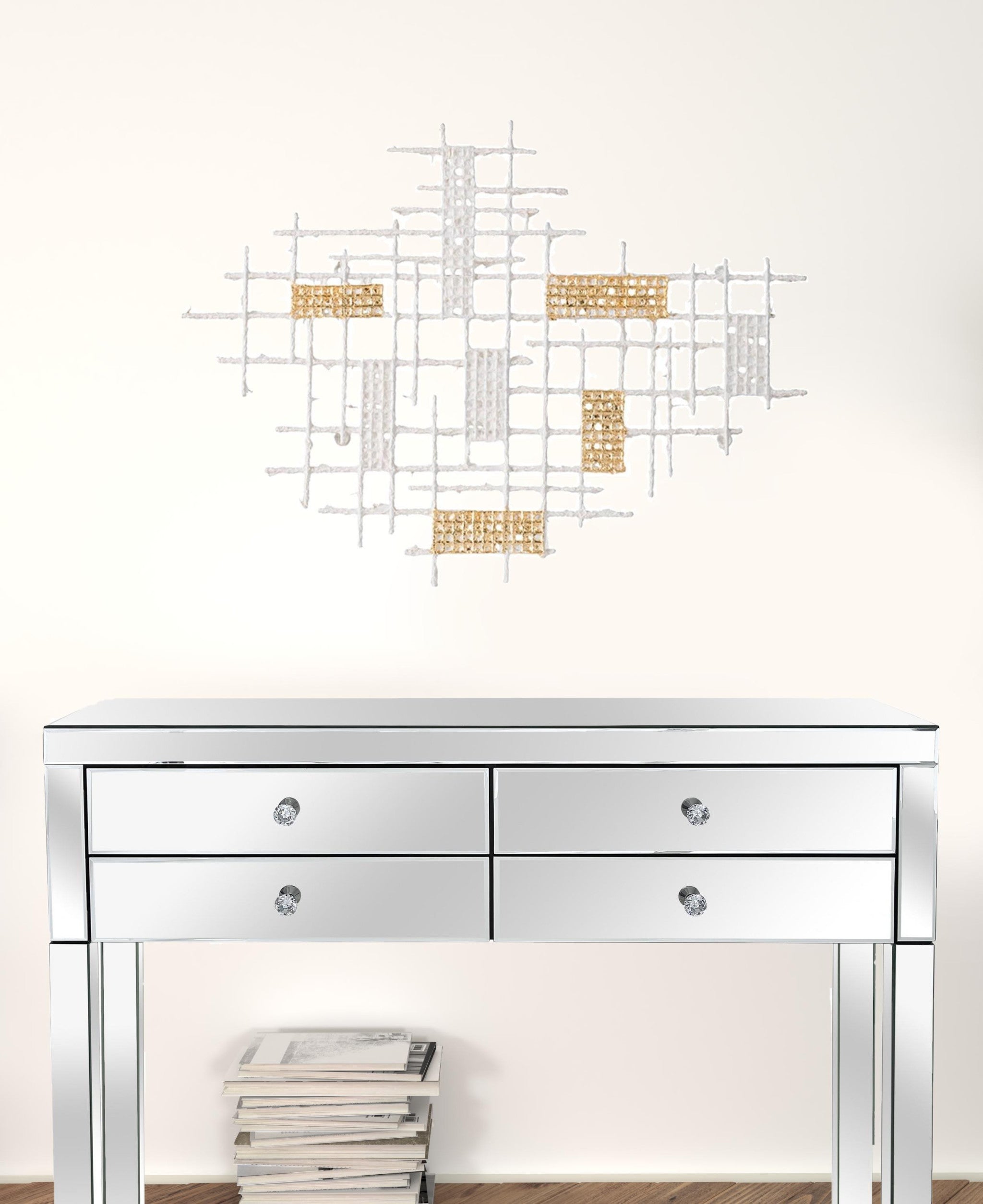 當代白色和金色地理網格牆藝術