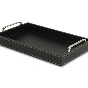 Black Faux Leather Tray with Metal Handles