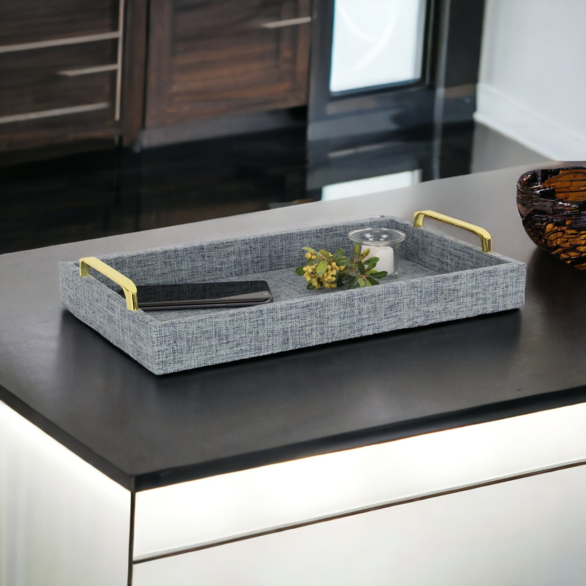 Light Blue Linen and Wooden Tray