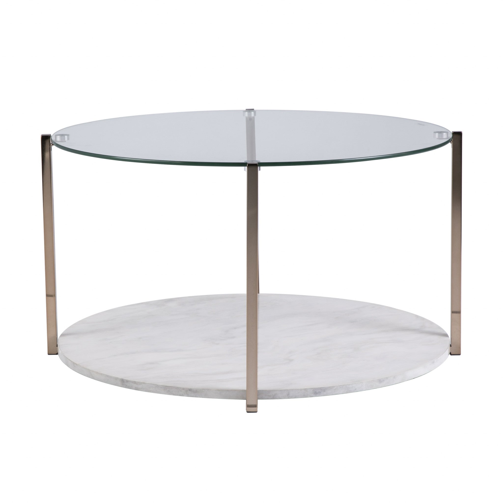 Mesa de centro redonda de dos niveles de vidrio Glam dorado y mármol falso de 33"