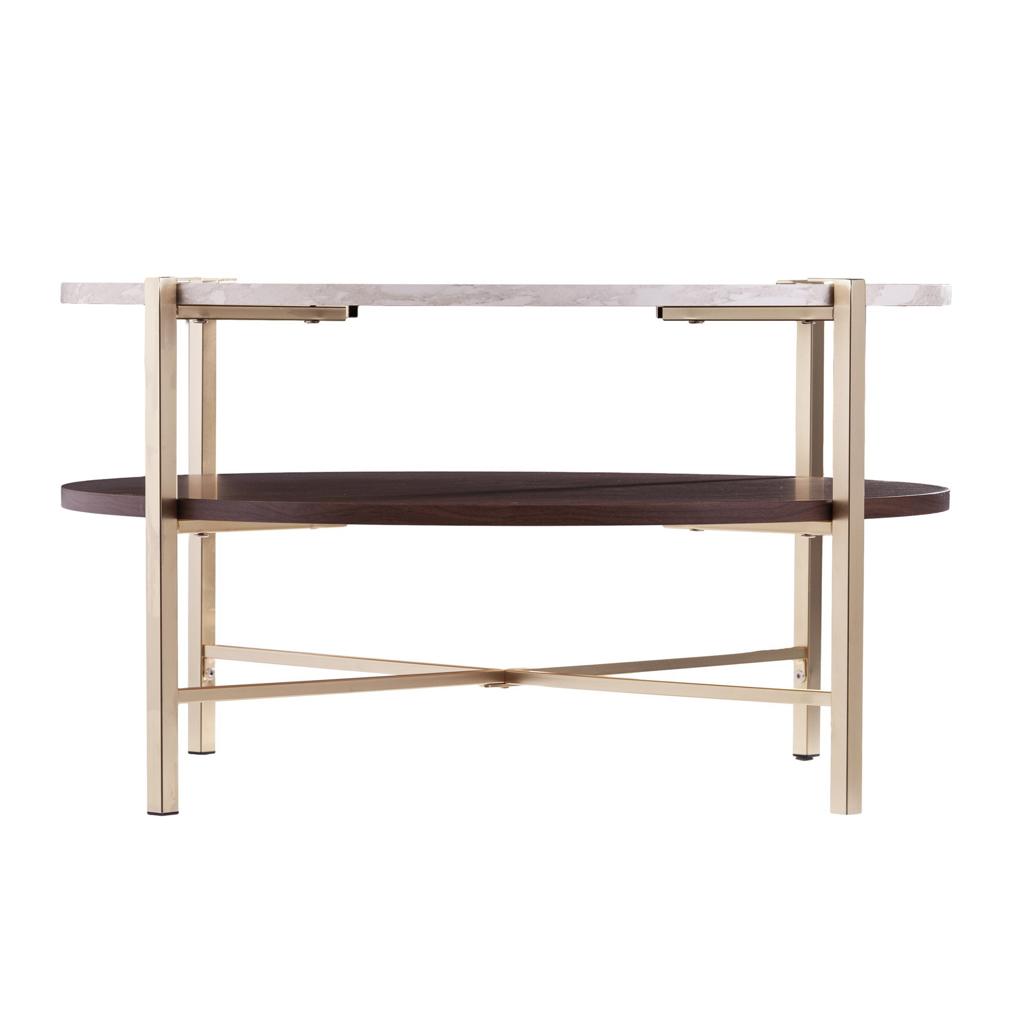 33 英寸黃銅實心木質和金屬圓形咖啡桌