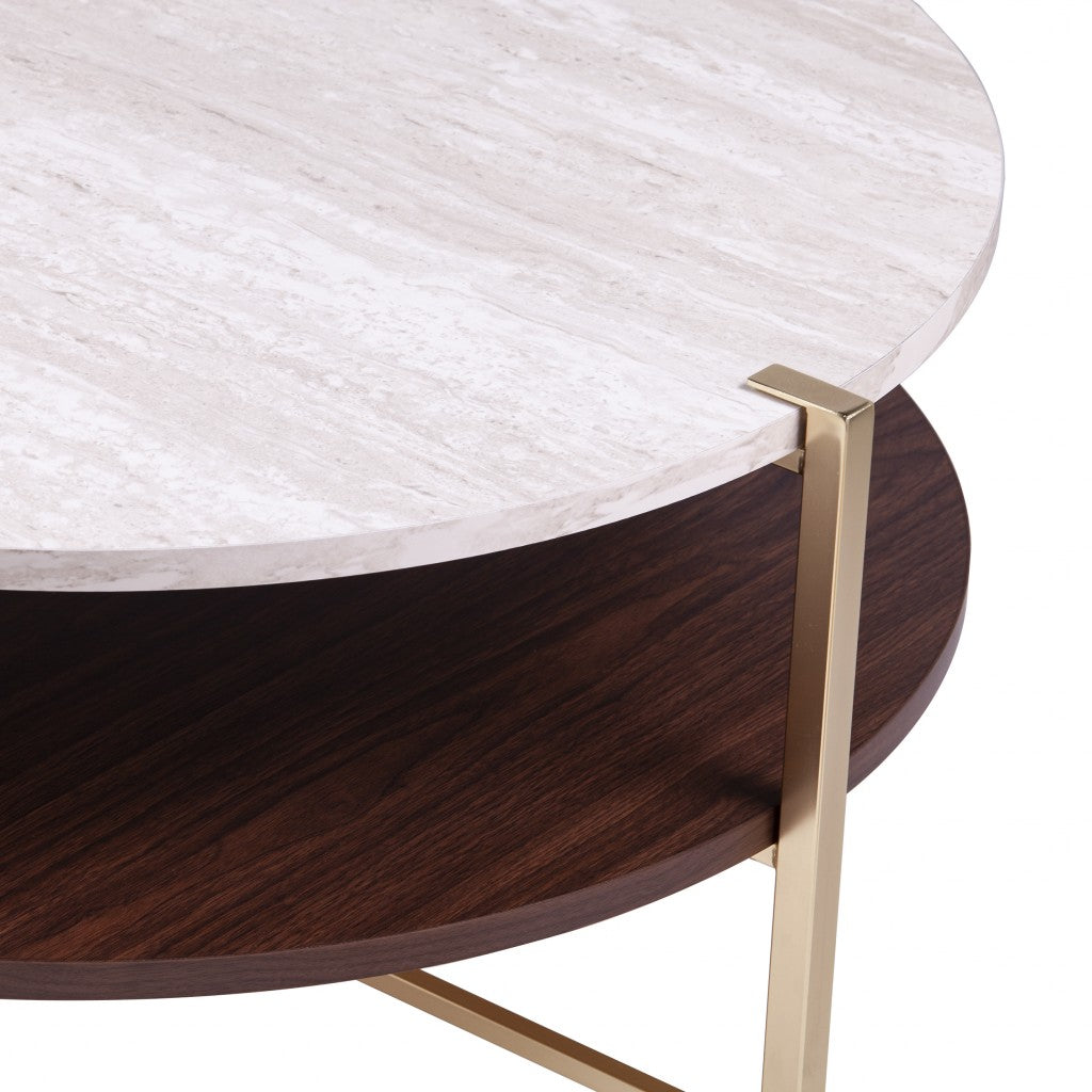 33 英寸黃銅實心木質和金屬圓形咖啡桌