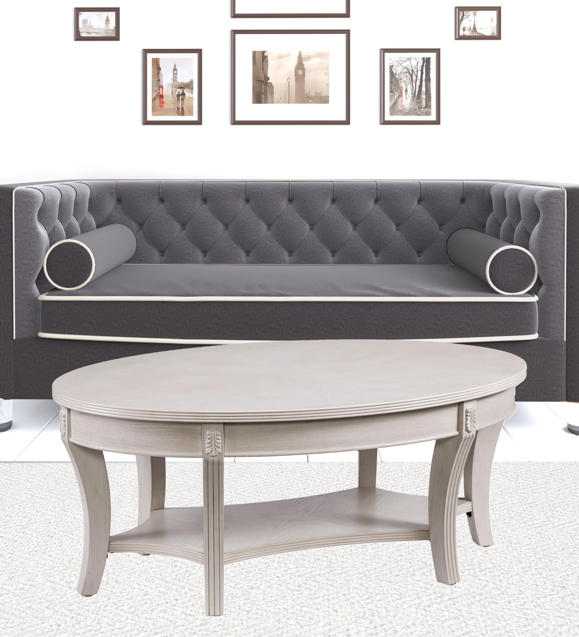 Mesa de Centro Ovalada de 44" de Madera Fabricada Blanca y Metal