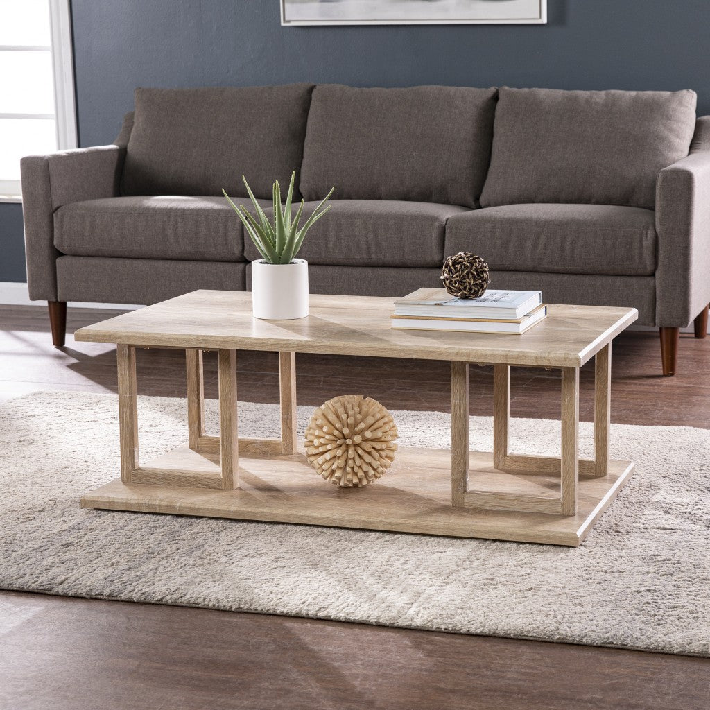 Mesa de centro rectangular de dos niveles de madera marrón claro natural de 42"