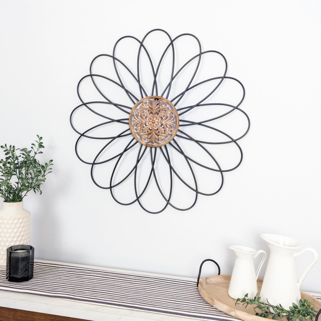 Carved Wood and Metal Flower Wall Décor