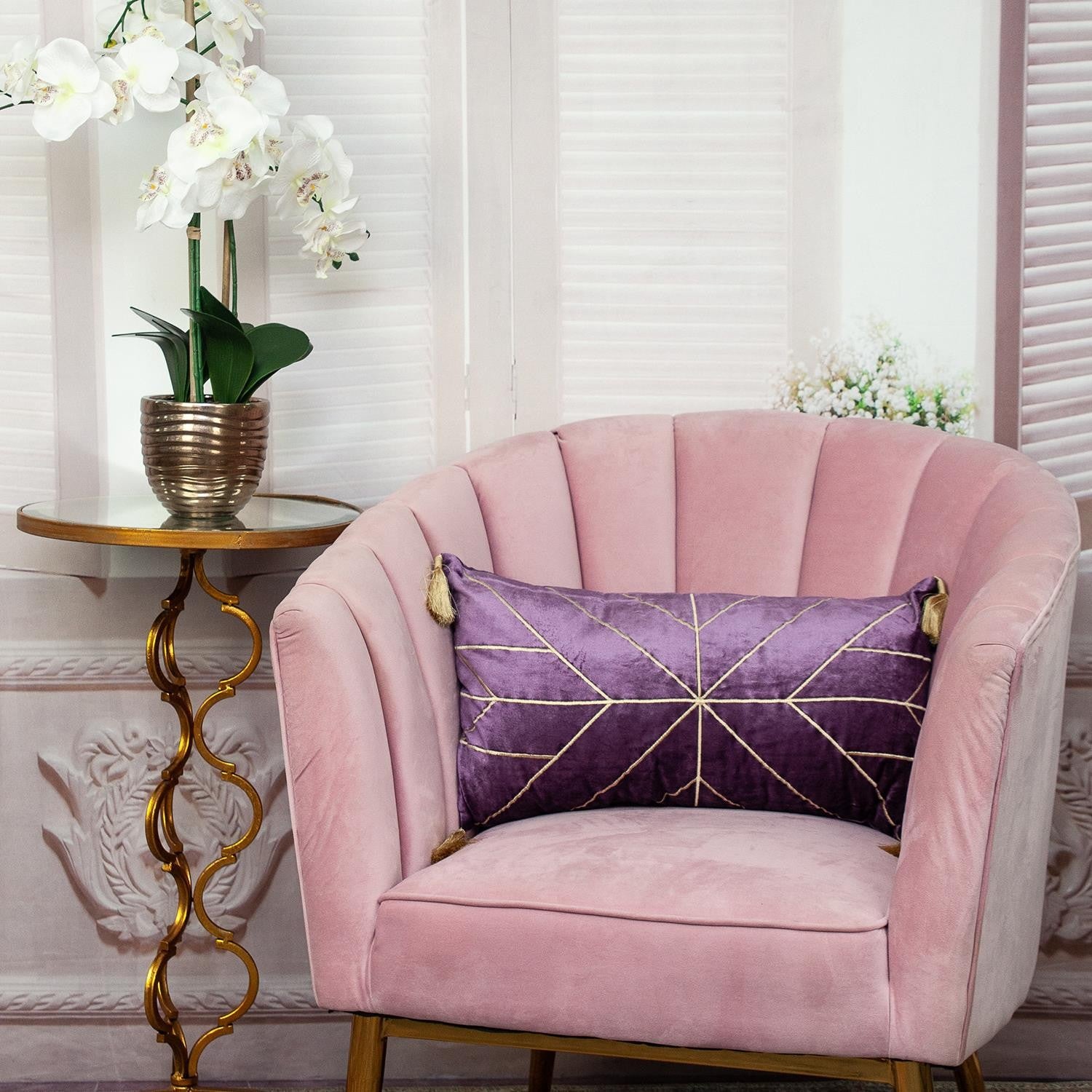 Dark Purple and Gold Geo Velvet Lumbar Pillow with Gold Tassels