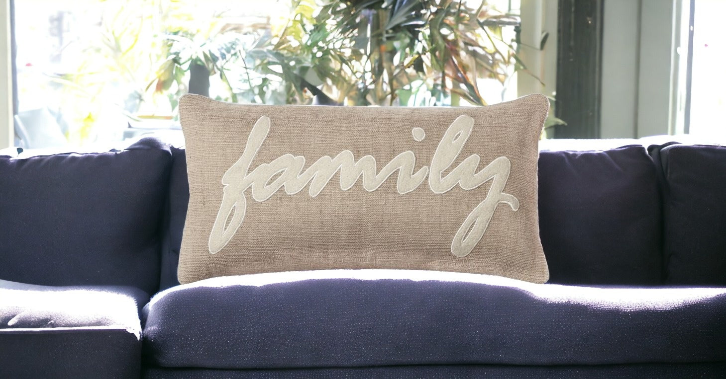 11" x 21" Tan Family Felt Applique Burlap Throw Pillow