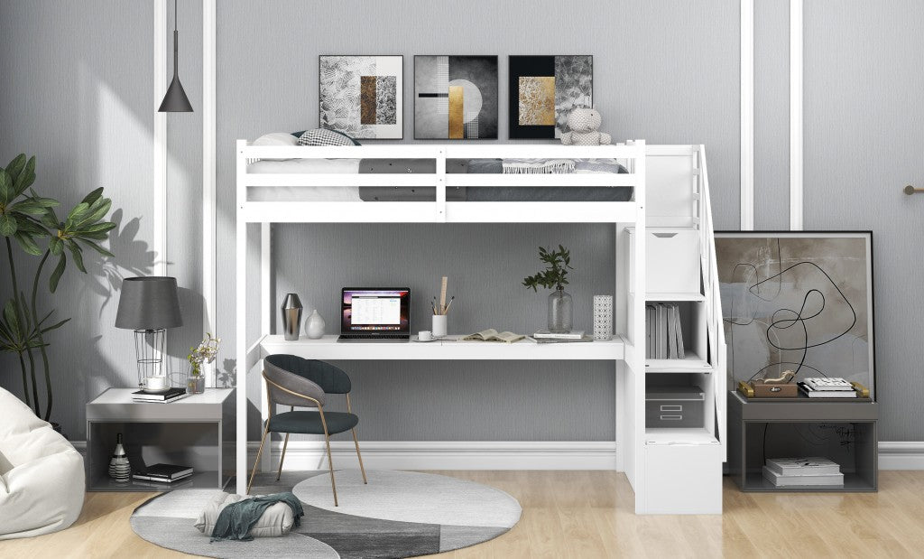 White Twin Size Loft Bed with Built In Desk and Stairway