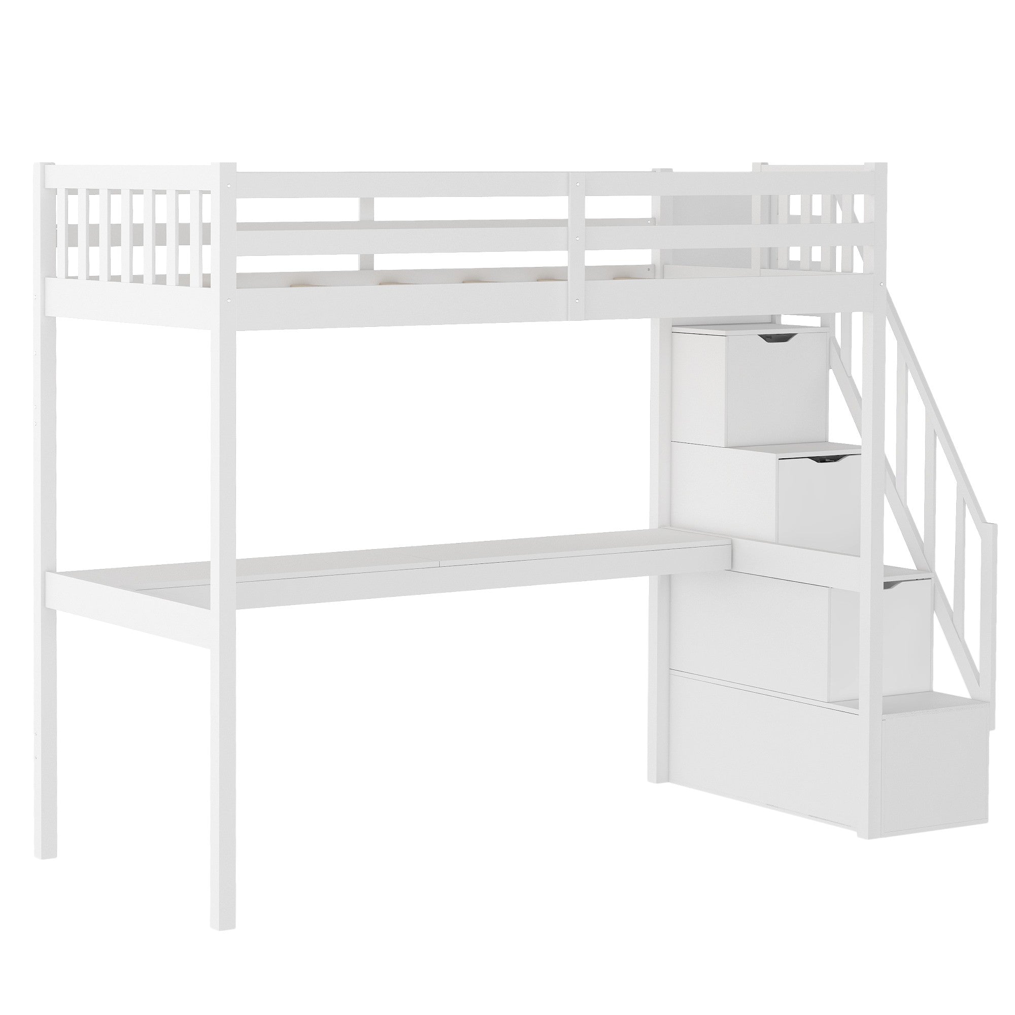 White Twin Size Loft Bed with Built In Desk and Stairway