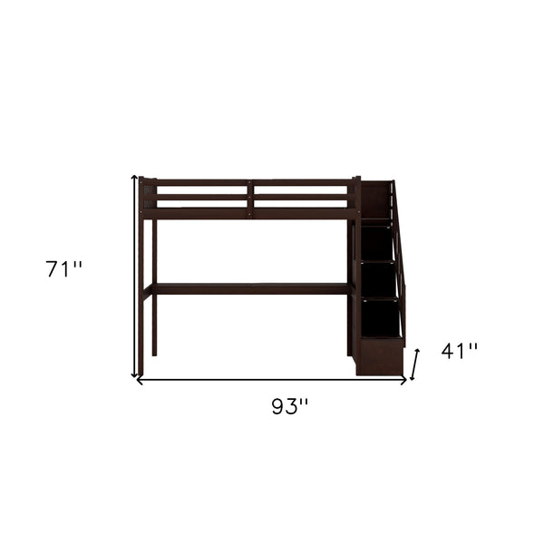 Espresso Twin Size Loft Bed with Built In Desk and Stairway