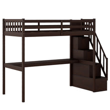 Espresso Twin Size Loft Bed with Built In Desk and Stairway