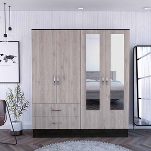 Light Oak and Black Four Door Wardrobe Closet with Mirrors