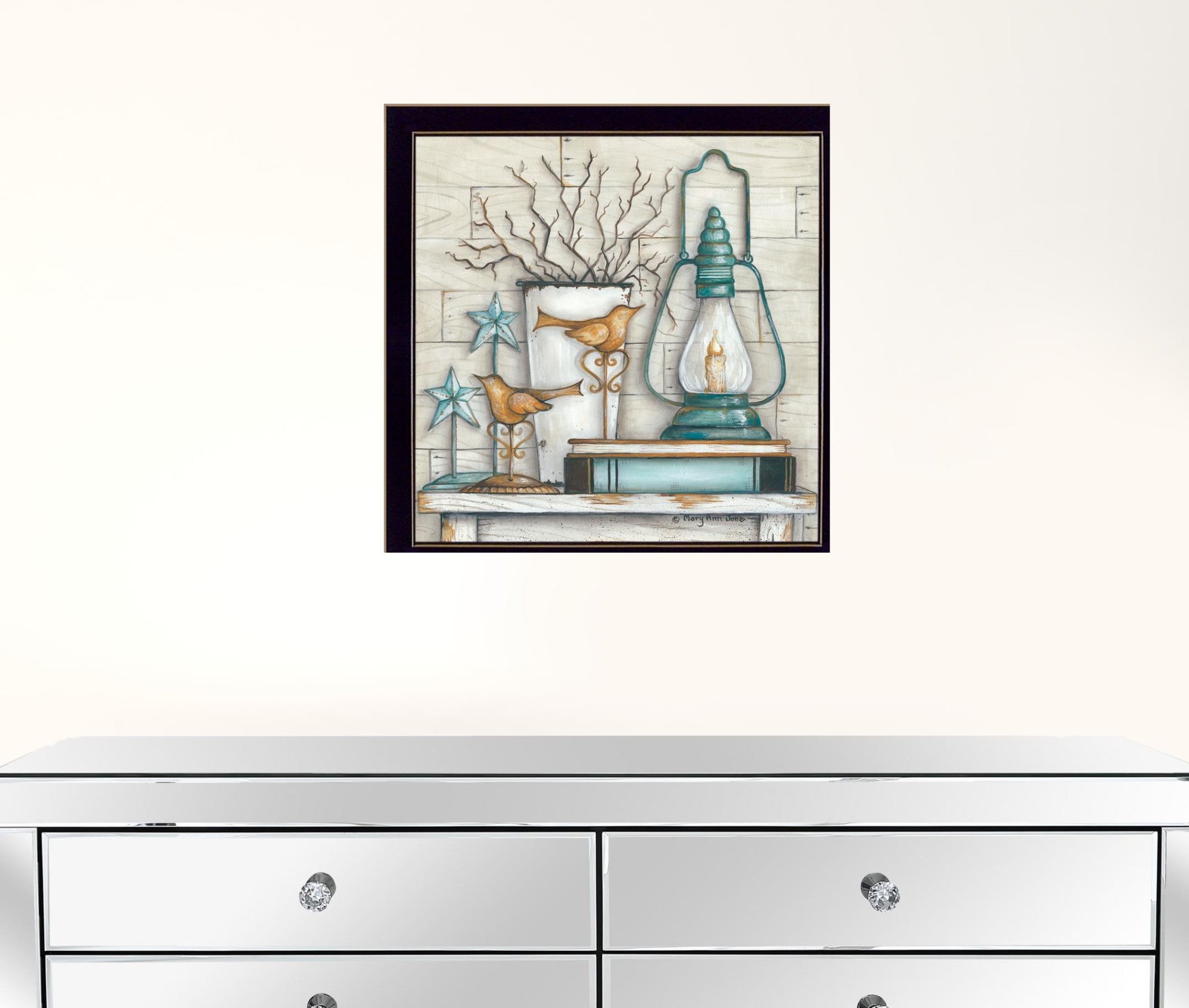 Lantern On Books 1 Black Framed Print Wall Art