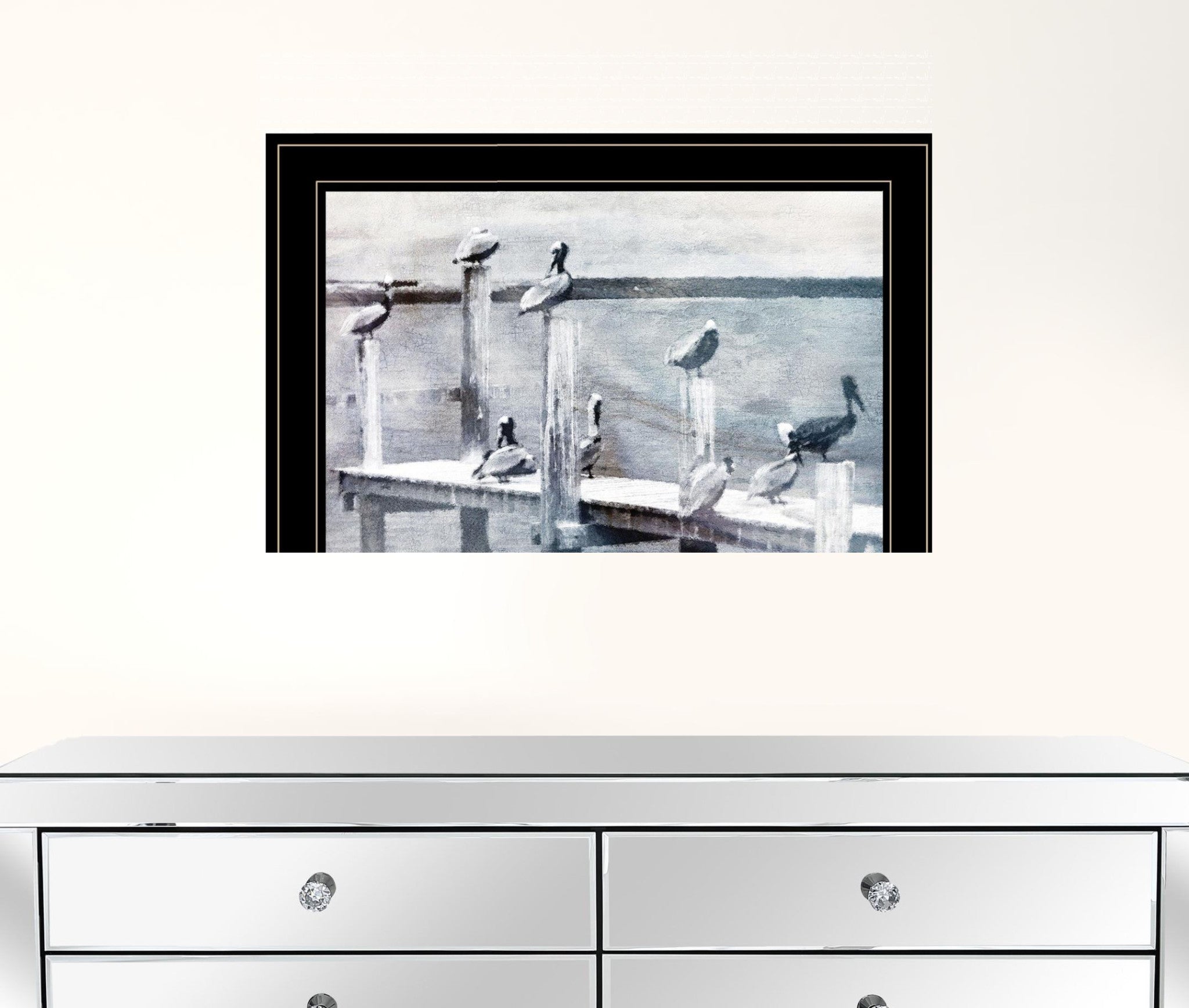 Birds On A Pier 3 Black Framed Print Wall Art