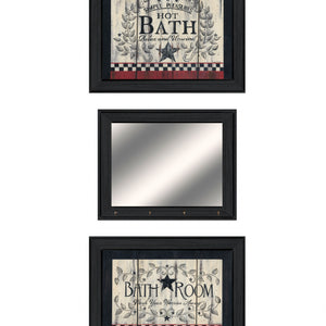 Set Of Three Americana Wash Room Black Frame Bathroom Wall Art with Mirror