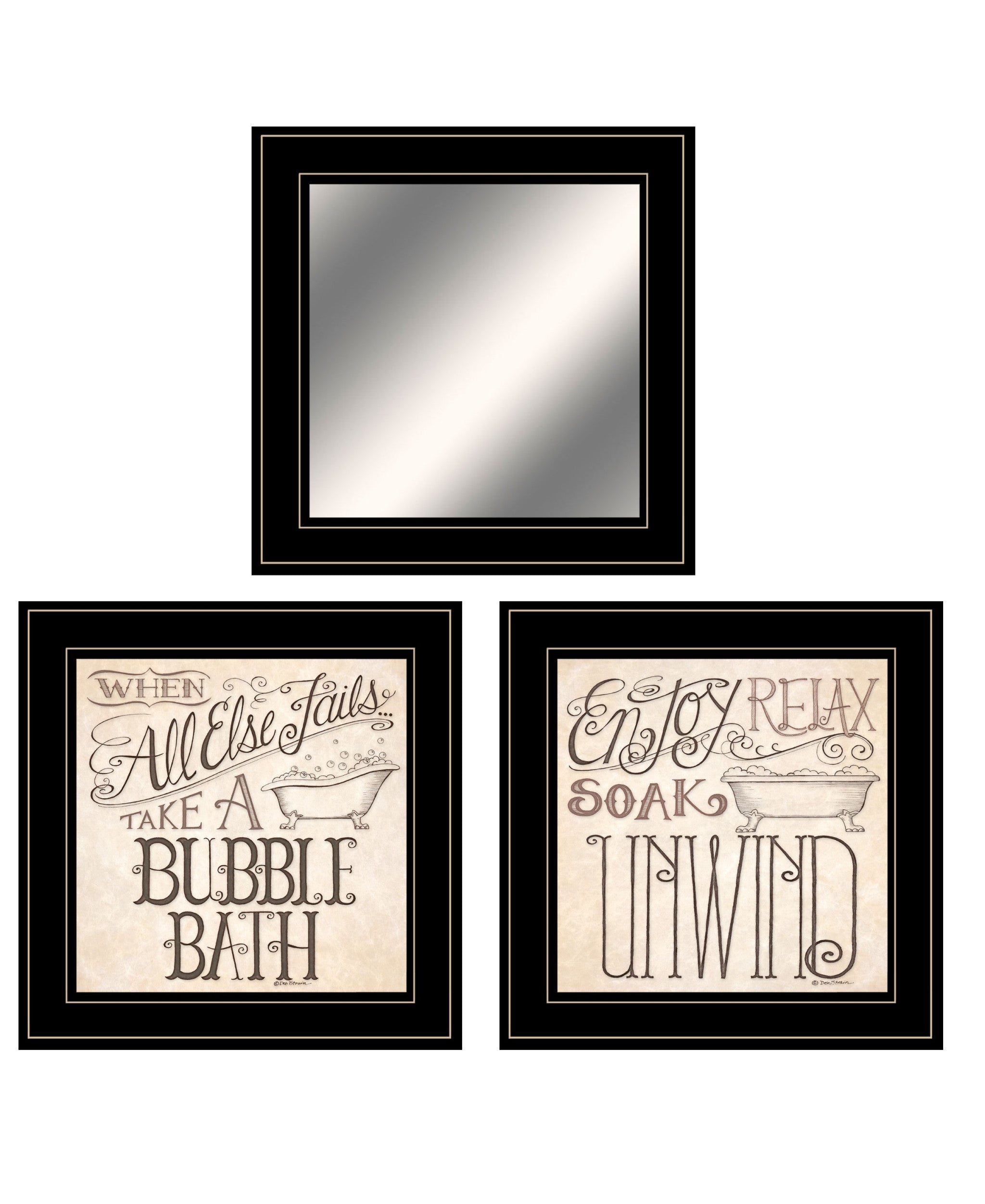 Set Of Three Soak And Unwind 4 Black Framed Print Bathroom Wall Art