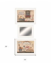 Set Of Three Wash Room White Frame Bathroom Wall Art and Mirror