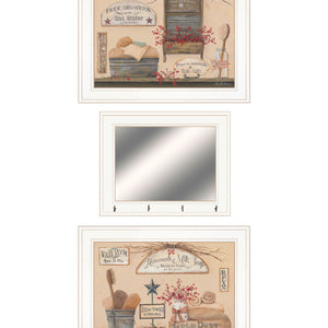 Set Of Three Wash Room White Frame Bathroom Wall Art with Hooks