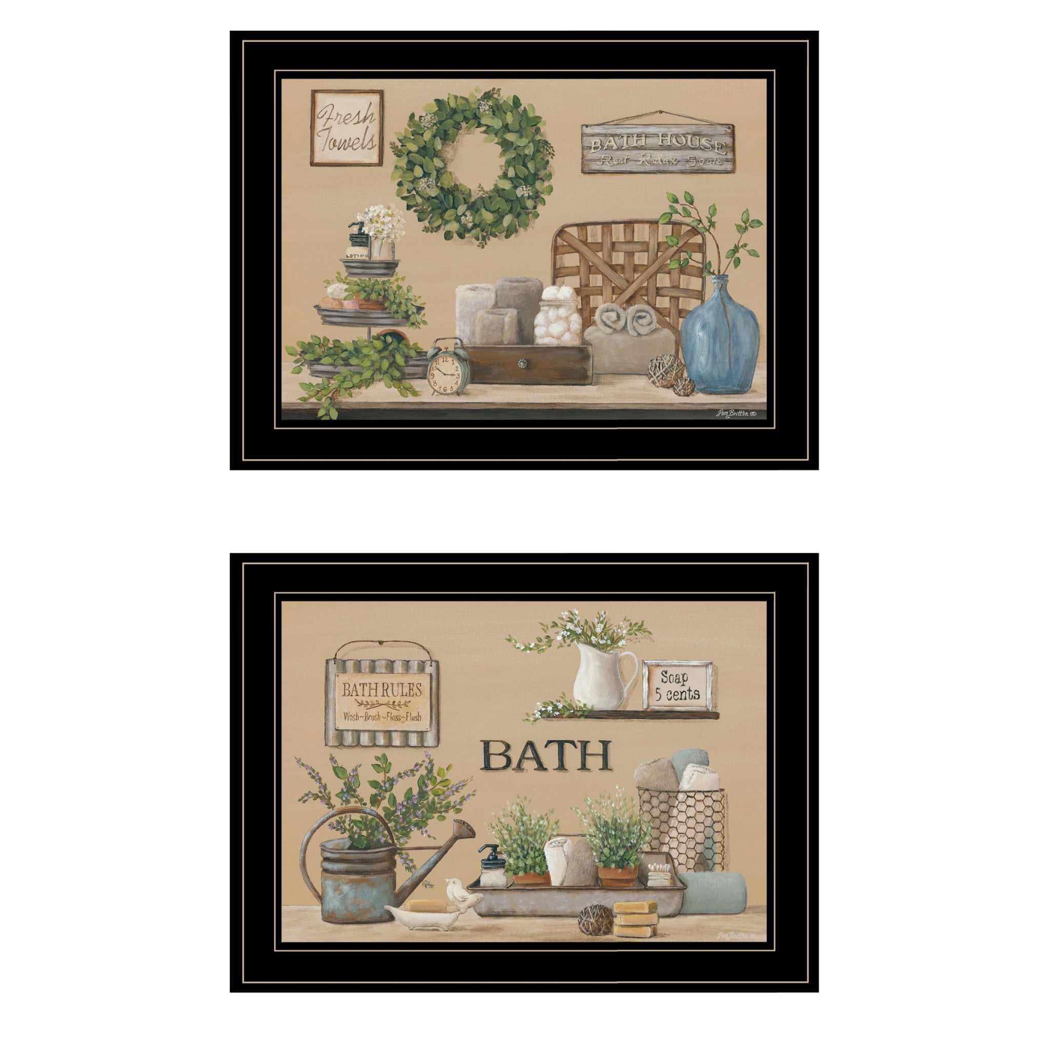 Set Of Two Bath Time 2 Black Framed Print Bathroom Wall Art