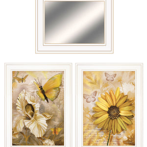 Set Of Three Yellow Butterflies White Framed Print Wall Art with Mirror