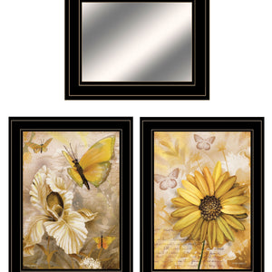 Set Of Three Yellow Butterflies Black Framed Print Wall Art With Mirror