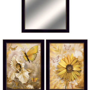 Set Of Three Yellow Butterflies 3 Black Framed Print Wall Art with Mirror