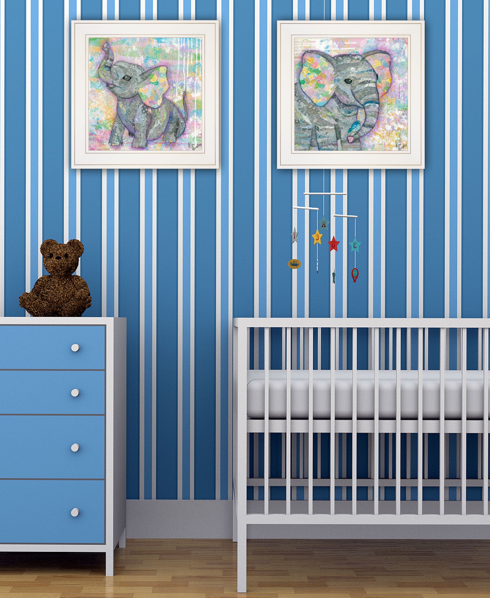 Set Of Two Whimsical Pastel Elephant White Framed Print Wall Art