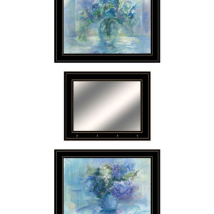 Set Of Three Blue Floral Black Framed Print Wall Art with Mirror