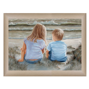 Boy And Girl Sitting In Dunes Brown Framed Print Wall Art