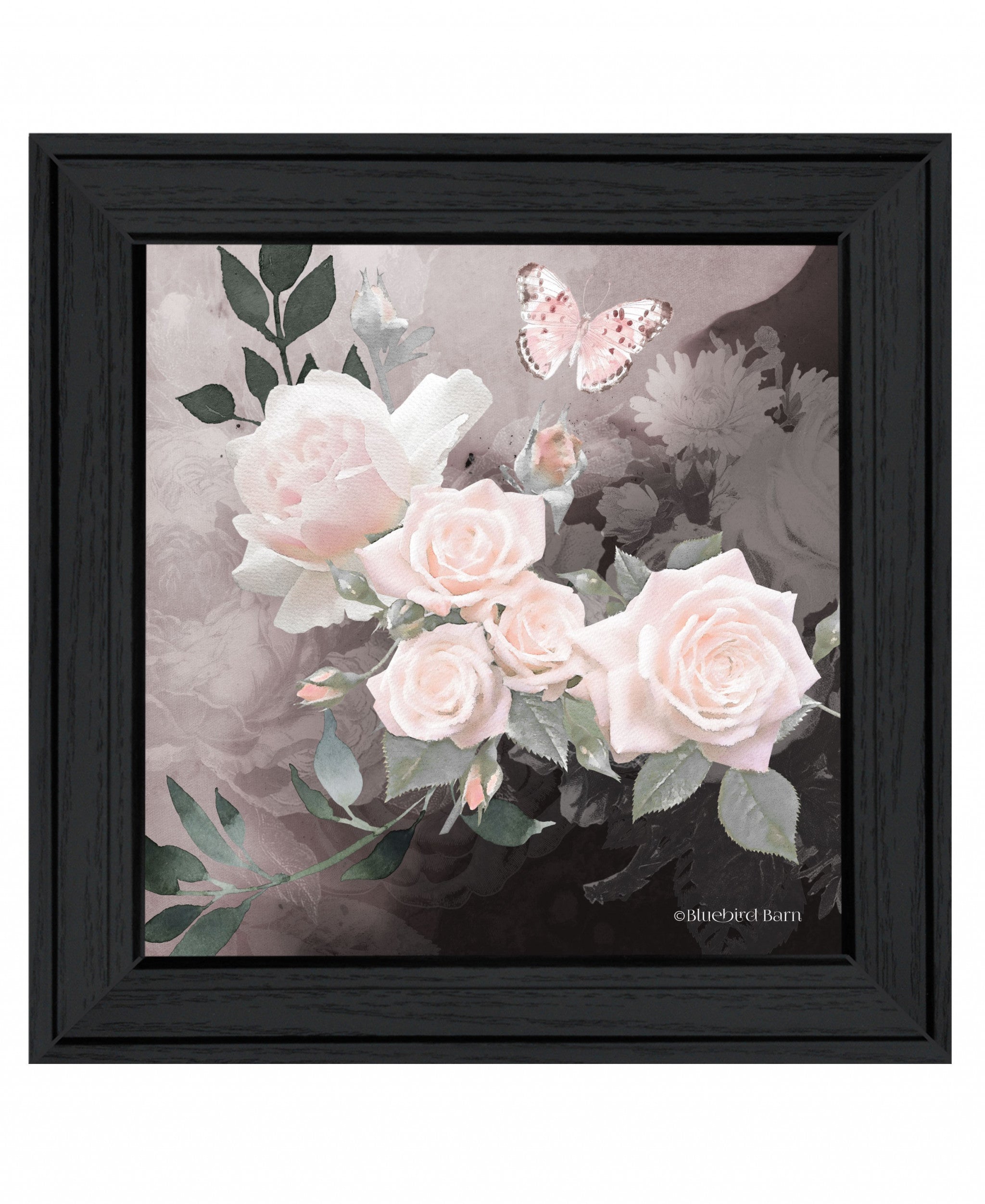 Pink Roses and Butterfly Black Framed Print Wall Art