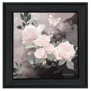 Pink Roses and Butterfly Black Framed Print Wall Art