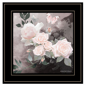 Pink Roses and Butterfly Black Double Rim Framed Print Wall Art