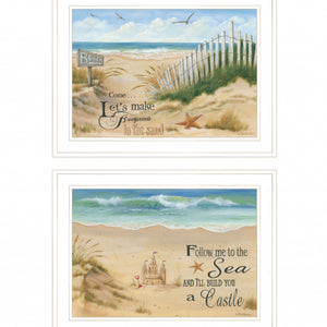 Set Of Two Sand Castle And Footprints 2 White Framed Print Wall Art
