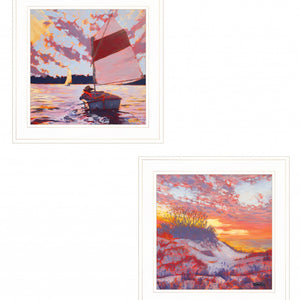 Set Of Two Jones Beach And Sailboat 2 White Framed Print Wall Art