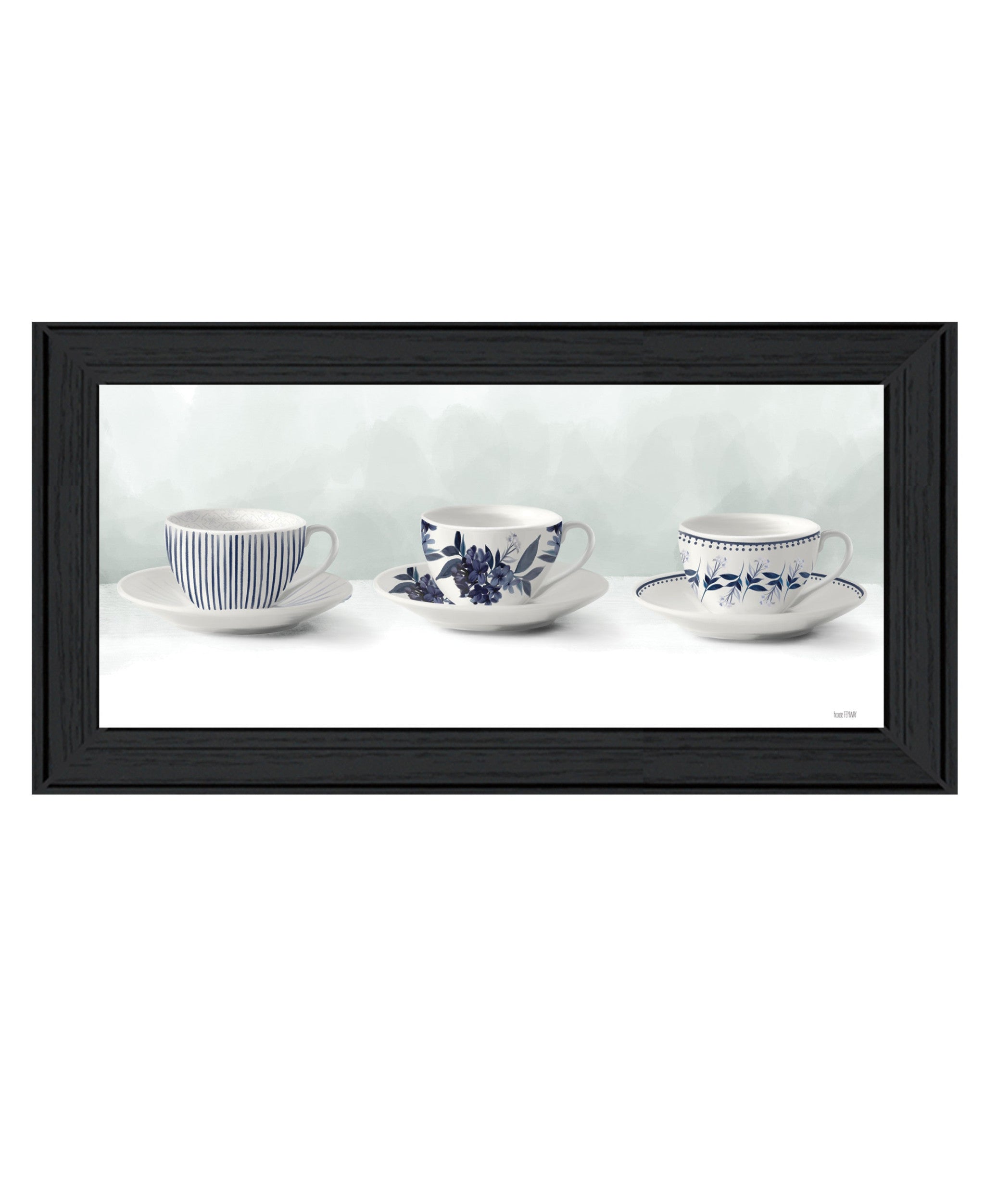 Blue and White Tea Cups And Saucers Black Framed Print Wall Art