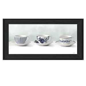Blue and White Tea Cups And Saucers Black Framed Print Wall Art