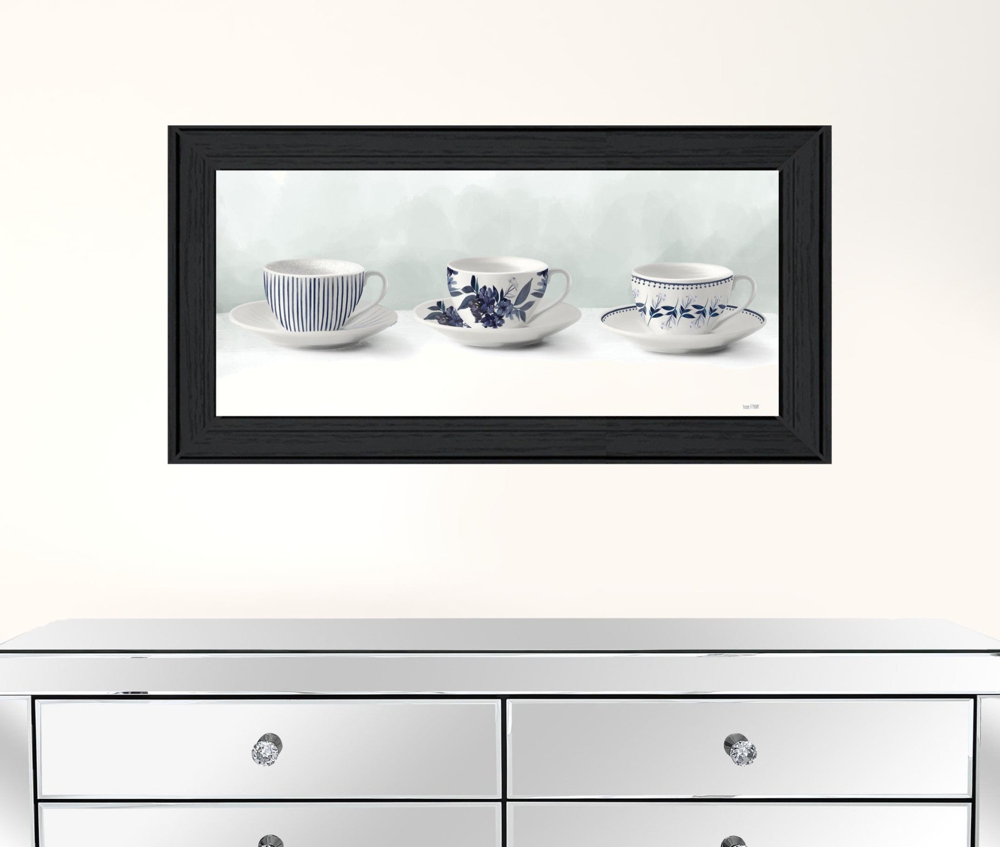 Blue and White Tea Cups And Saucers Black Framed Print Wall Art