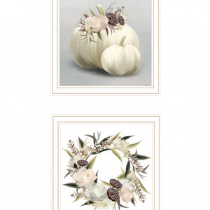 Set Of Two BOHO Pumpkins And Flowers 2 White Framed Print Wall Art