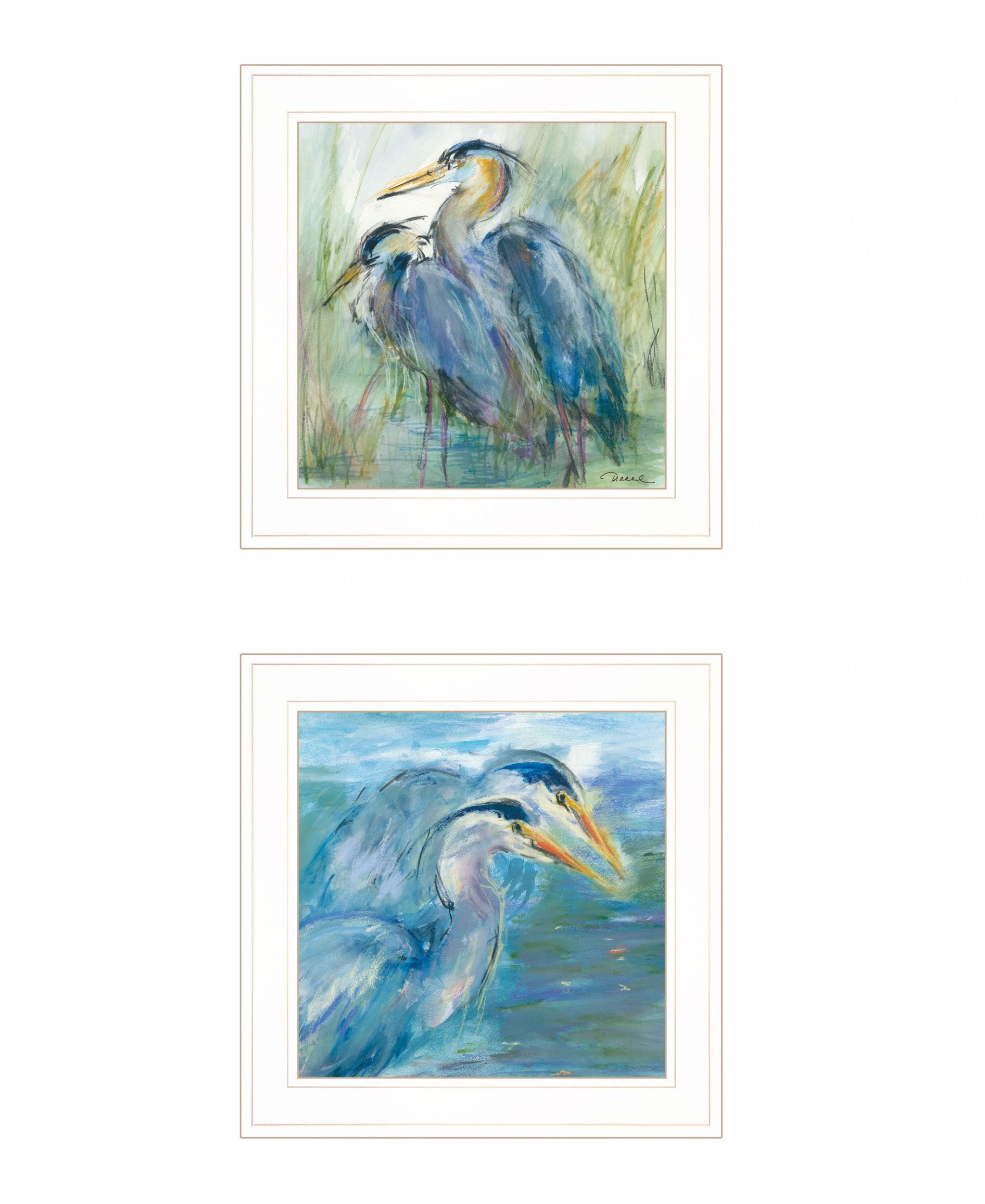 Set Of Two Herons 1 White Framed Print Wall Art