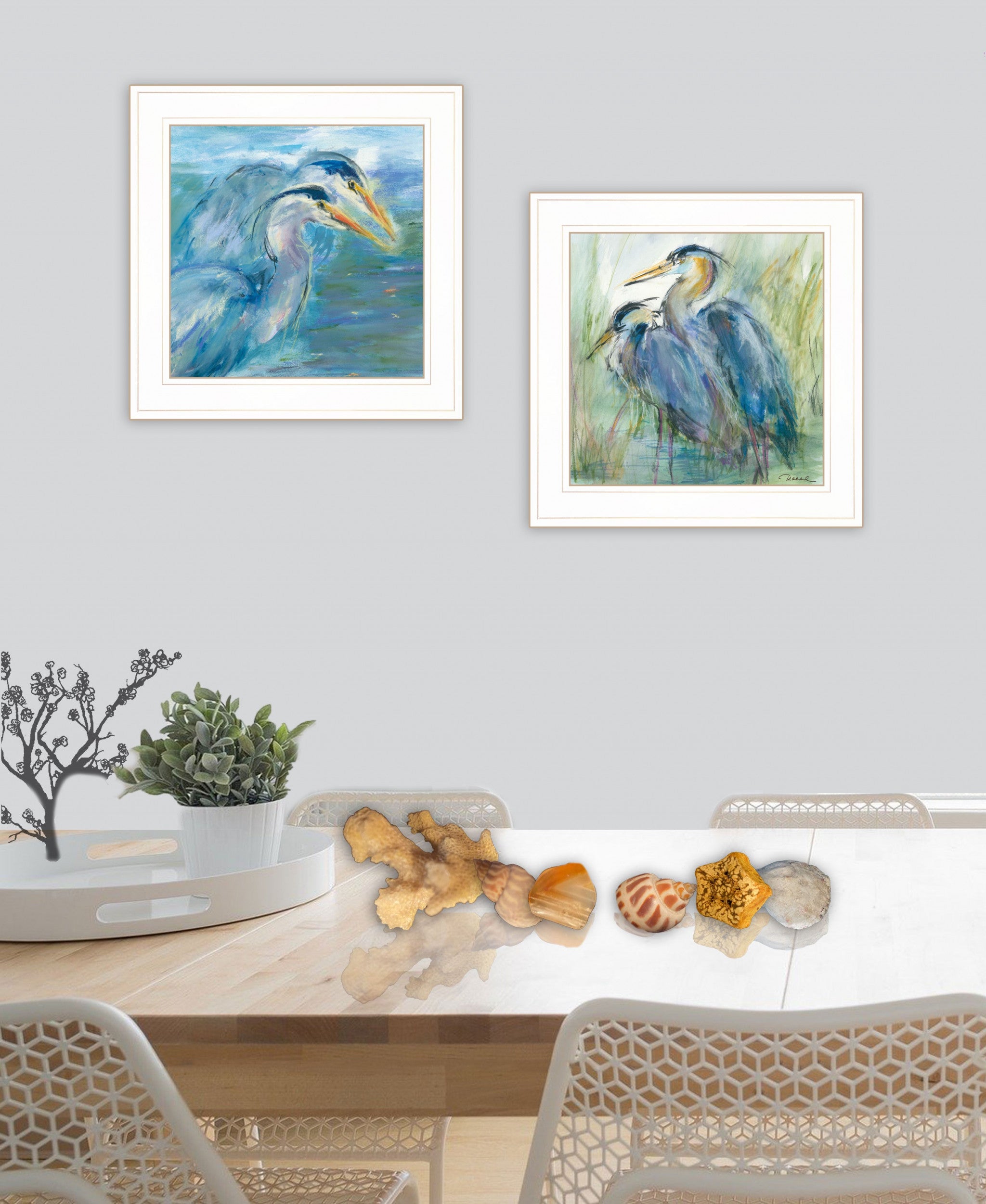 Set Of Two Herons 1 White Framed Print Wall Art