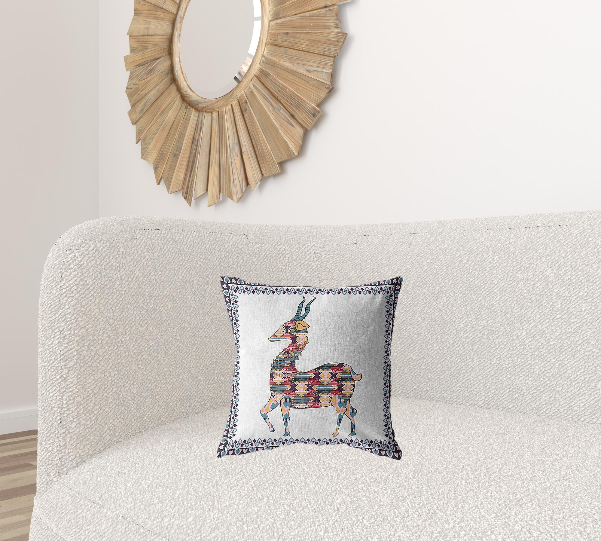 Cojín de gamuza con cremallera de ciervo boho azul blanco de 16 "