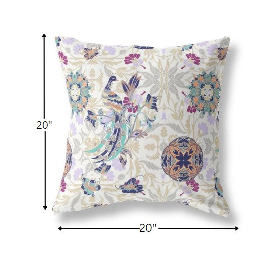 18" White Purple Peacock Indoor Outdoor Zip Throw Pillow