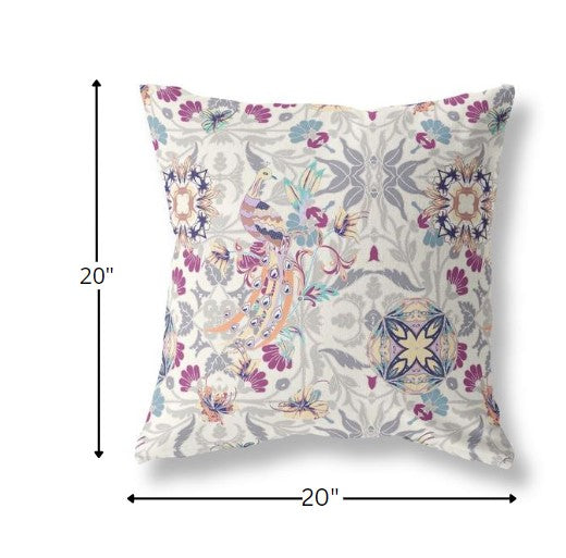 18" Gray Purple Peacock Indoor Outdoor Zip Throw Pillow