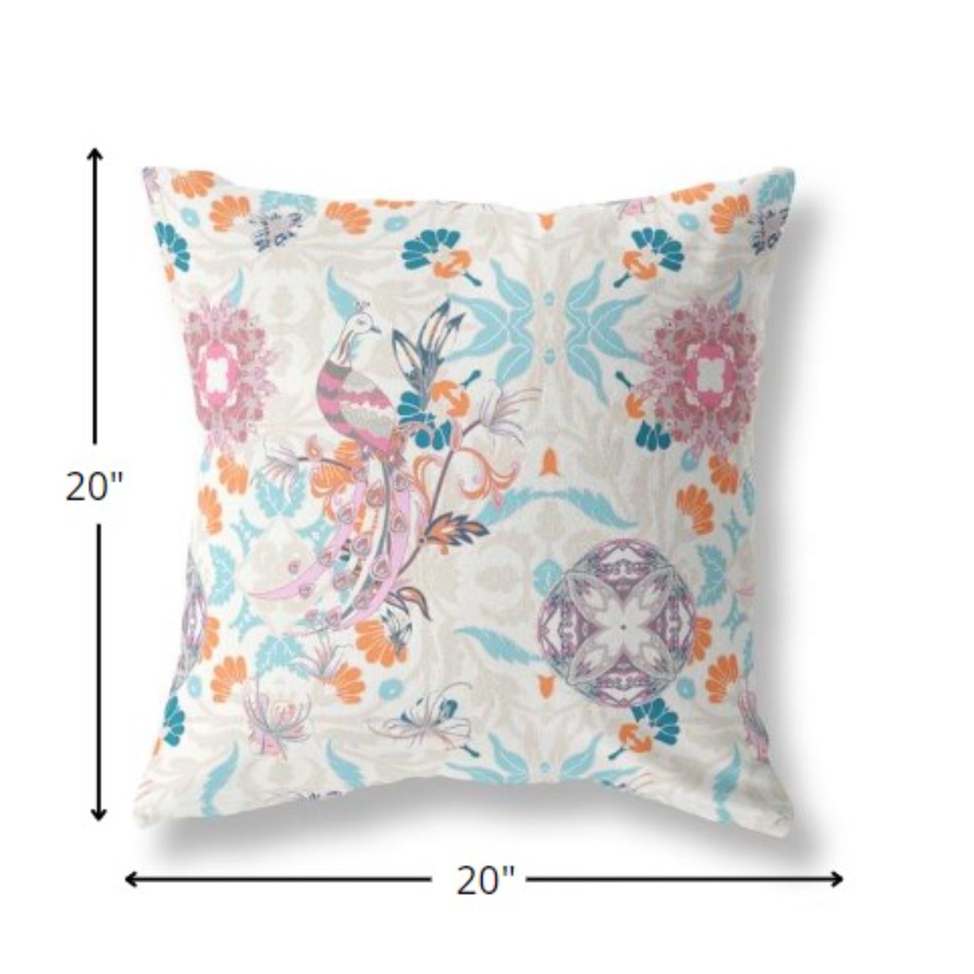 18" Pink Blue Peacock Indoor Outdoor Zip Throw Pillow