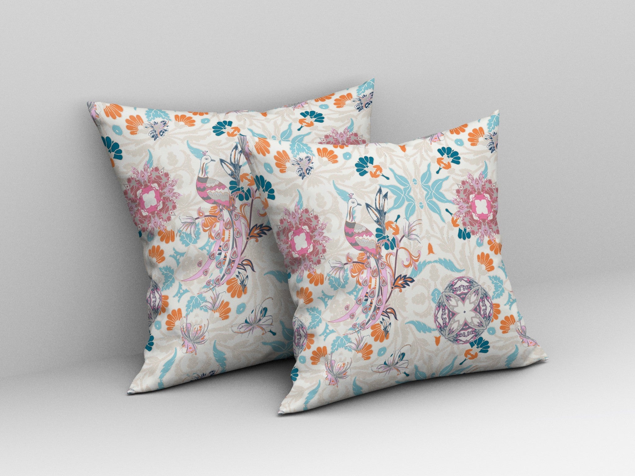 18" Pink Blue Peacock Indoor Outdoor Zip Throw Pillow