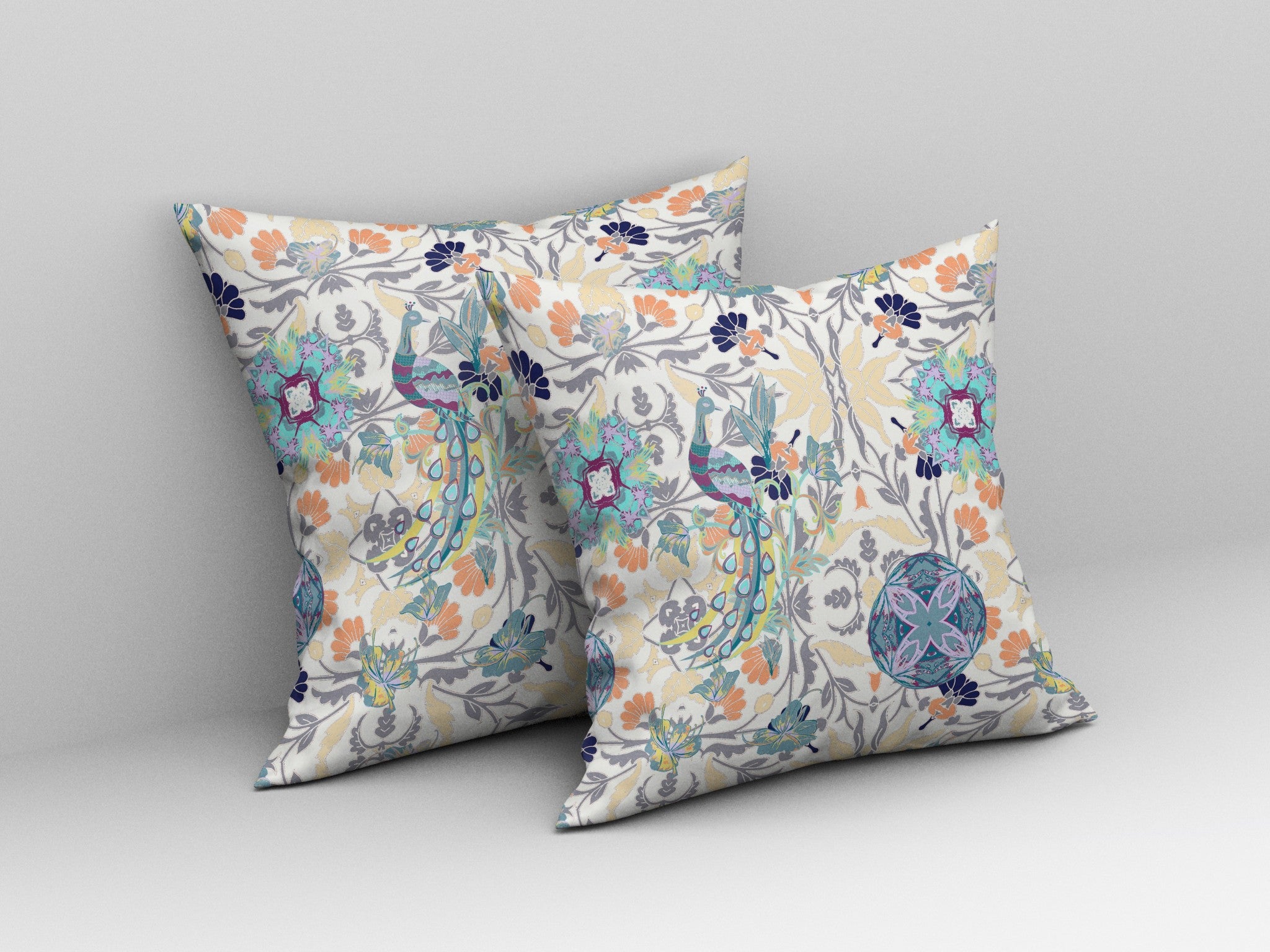 18" White Gray Peacock Indoor Outdoor Zip Throw Pillow