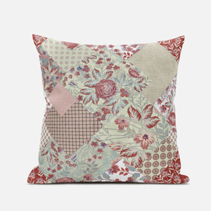 16" Red White Floral Suede Throw Pillow