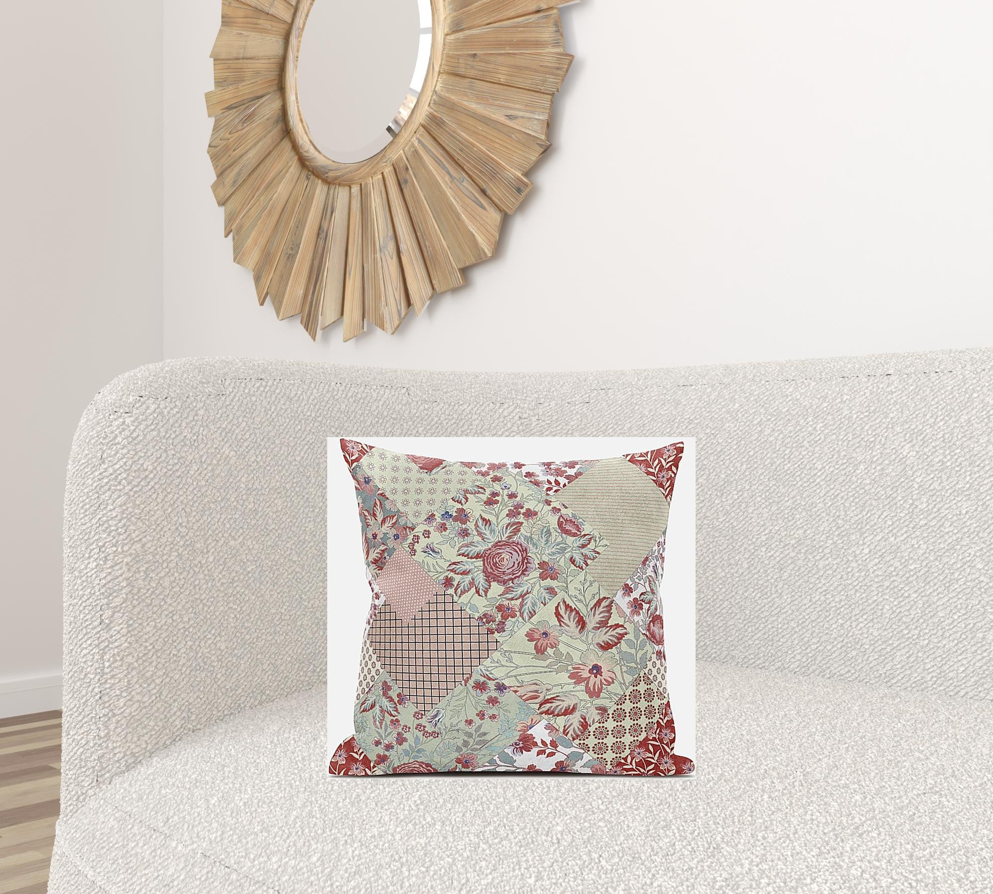 18" Red White Floral Suede Throw Pillow
