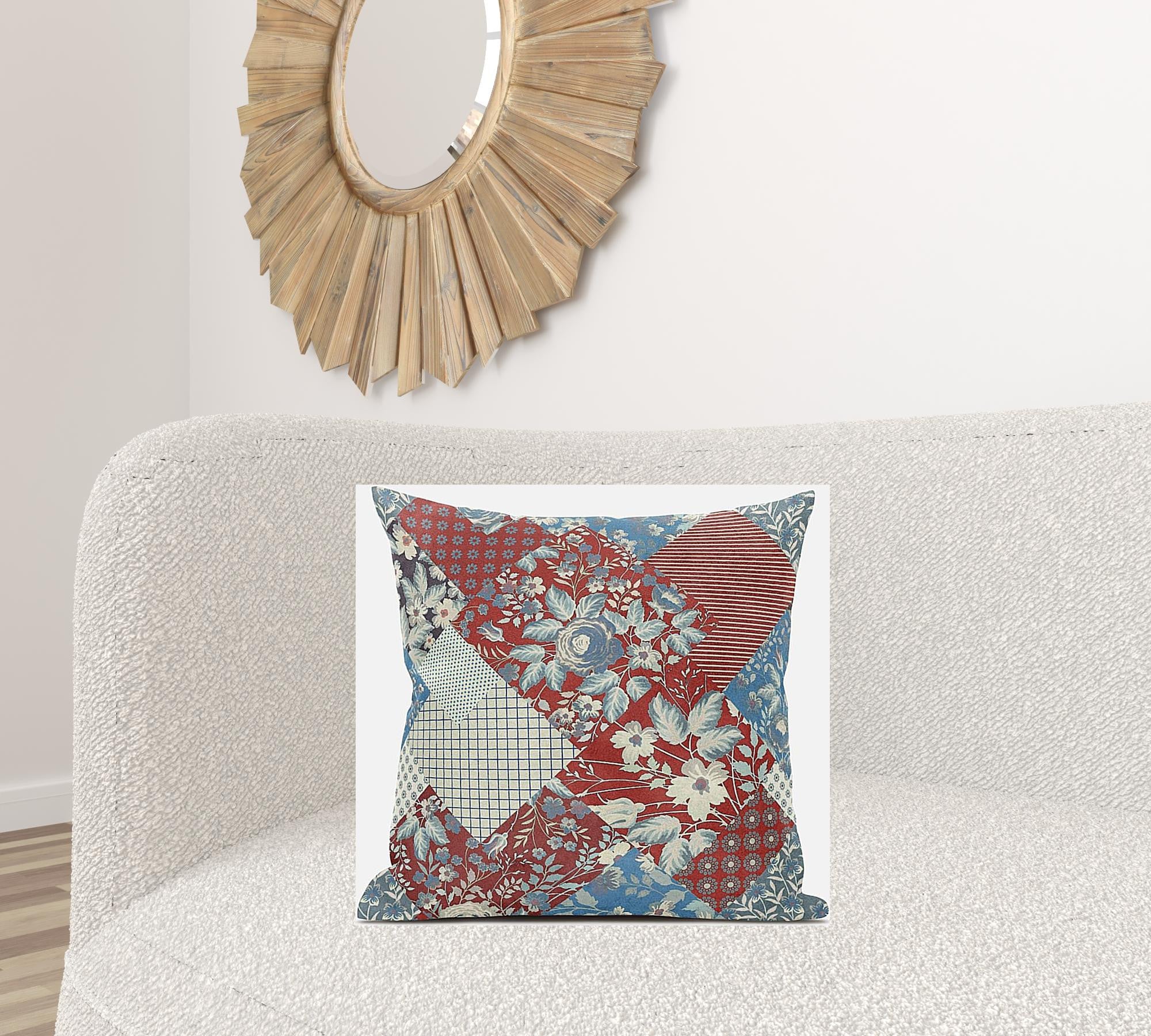 18" Aqua Red Floral Suede Throw Pillow